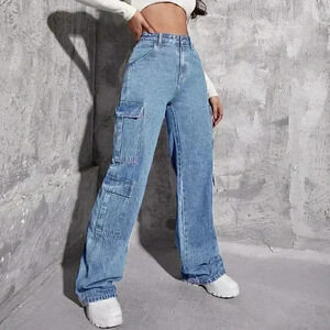 Blue Casual Womens Zipper Fly Flap Pocket Boyfriend Jeans